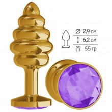 Анальная втулка «Gold Spiral» с фиолетовым кристаллом от компании Джага-Джага, цвет золотой, 512-08 purple-DD, длина 7 см., со скидкой