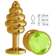 Ребристая анальная втулка «Gold Spiral» с салатовым кристаллом, цвет золотой, Джага-Джага 512-12 LIME-DD, из материала металл, длина 6.2 см.