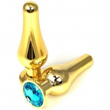 Золотистая удлиненная анальная пробка из металла с голубым кристаллом, Vandersex 400-TGBLL, длина 11.5 см.