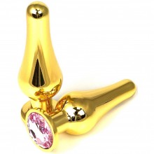 Золотистая удлиненная анальная пробка из металла с нежно-розовым кристаллом, Vandersex 400-TGPM1, длина 10 см.